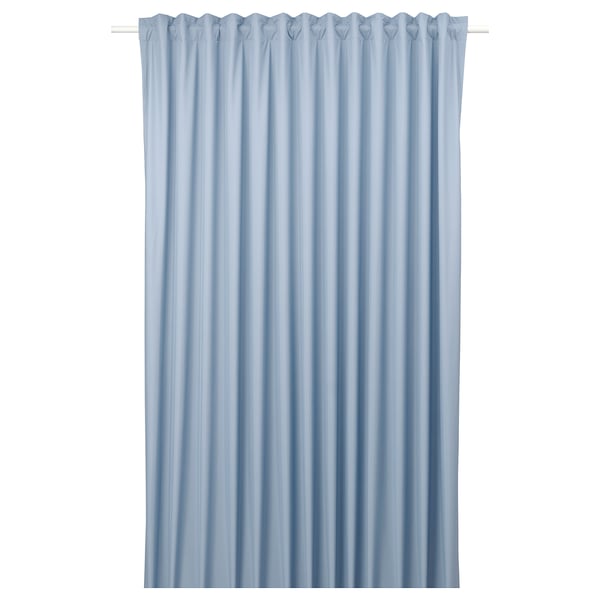 BENGTA light blue curtain: wide, solid, pleated design, recycled polyester, blocks light.