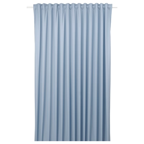 BENGTA light blue curtain: wide, solid, pleated design, recycled polyester, blocks light.
