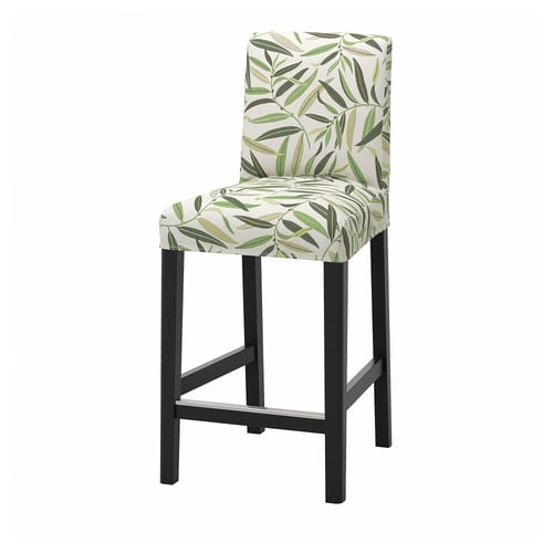 BERGMUND bar stool: white and green leaf-patterned fabric, black wood legs, high back, comfortable seat.