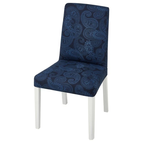 BERGMUND chair: navy paisley upholstery, white legs, curved back, comfortable seat.