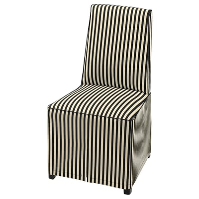 BERGMUND chair, black and white stripes, sleek modern design, striped fabric, wooden legs, padded seat.