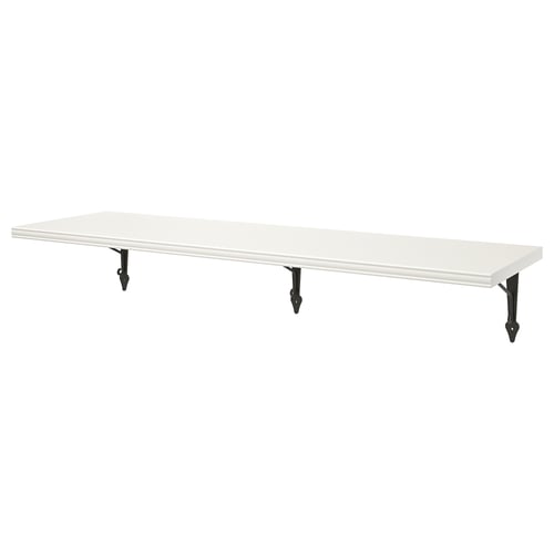 White wall shelf with black brackets, rectangular, simple design.