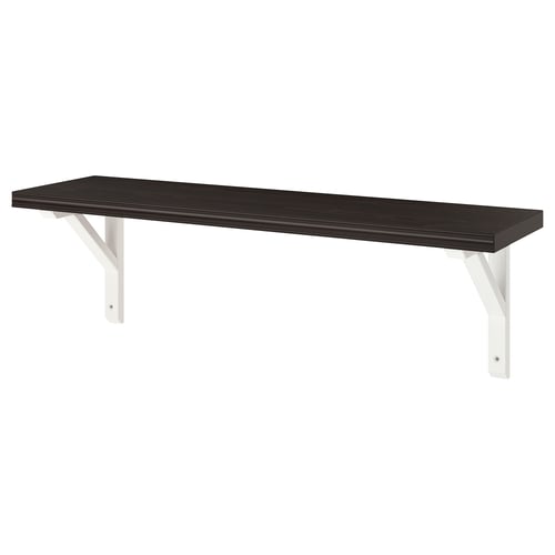 A black wall-mounted shelf, BERGSHULT, with white brackets. It has a sleek, rectangular shape with bevelled and smooth edges.
