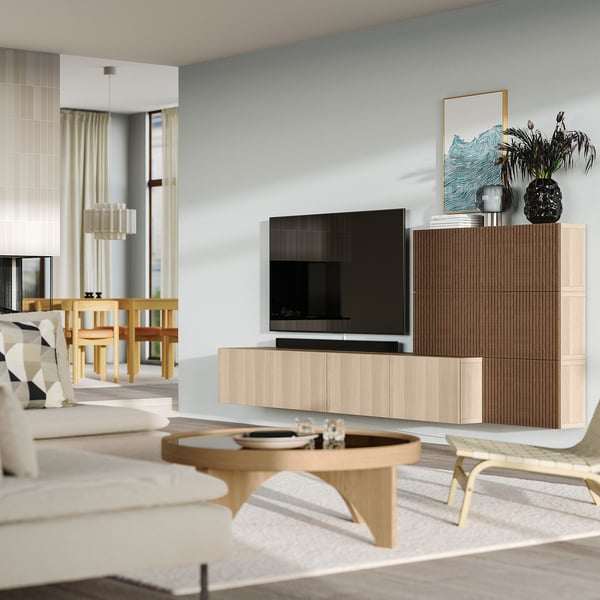 BESTÅ Media storage combination, white stained oak effect Lappviken/Björköviken brown, 300x42x114 cm