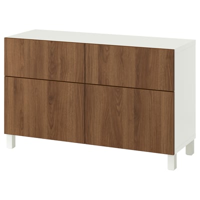 BESTÅ Storage combination w doors/drawers, white Lappviken/Stubbarp/brown walnut effect, 120x42x74 cm