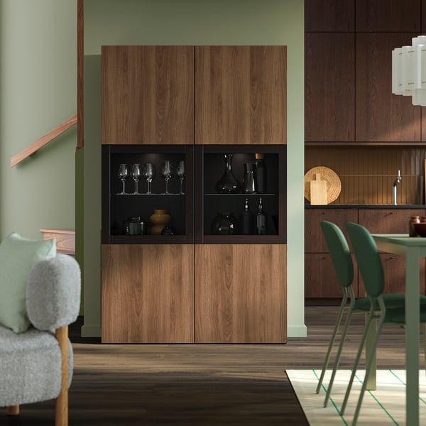 BESTÅ Storage combination w glass doors, black-brown Lappviken/Sindvik walnut effect, 120x42x193 cm