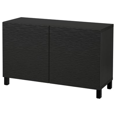 A black BESTÅ cabinet with two doors and sleek legs. Its rectangular, made of particleboard and fibreboard with a textured finish.