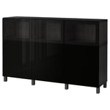 BESTÅ Storage combination with doors, black-brown Selsviken/Glassvik high-gloss/black clear glass, 180x42x112 cm