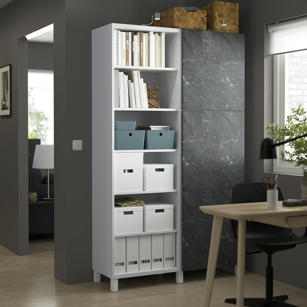 BESTÅ Storage combination with doors, white Bergsviken/black marble effect, 120x42x202 cm