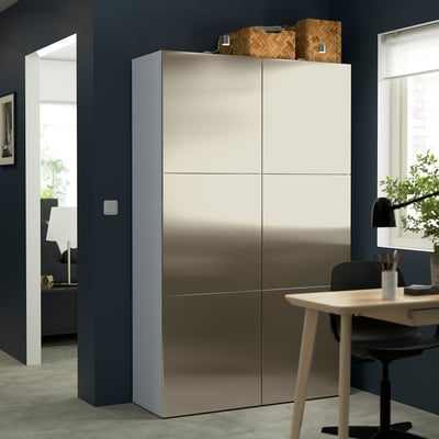 BESTÅ Storage combination with doors, white/Riksviken light bronze effect, 120x42x193 cm