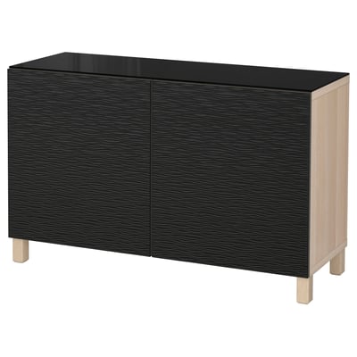 BESTÅ Storage combination with doors, white stained oak effect/Laxviken black, 120x42x76 cm