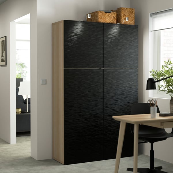 BESTÅ Storage combination with doors, white stained oak effect/Laxviken black, 120x42x193 cm