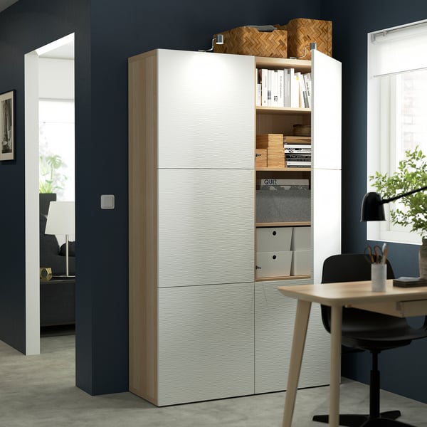 BESTÅ Storage combination with doors, white stained oak effect/Laxviken white, 120x42x193 cm