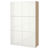 BESTÅ Storage combination with doors, white stained oak effect/Selsviken high-gloss/white, 120x42x193 cm