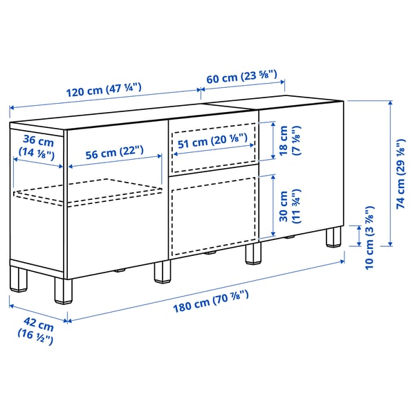 BESTÅ Storage combination with drawers, white stained oak effect/Selsviken high-gloss/white, 180x40x74 cm