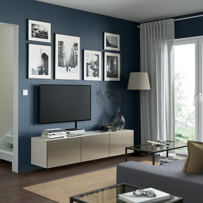 BESTÅ TV bench with doors, white/Riksviken light bronze effect, 180x42x38 cm