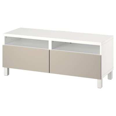 White and beige tv stand with two drawers and open shelves, modern design.