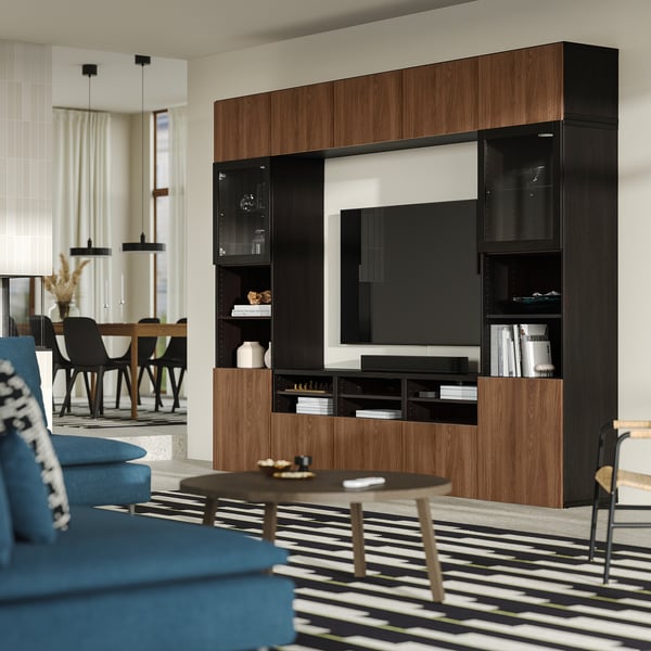 BESTÅ TV storage combination/glass doors, black-brown Lappviken/walnut effect clear glass, 300x42x231 cm