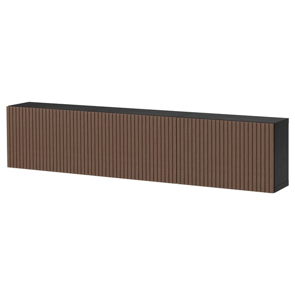 BESTÅ Wall-mounted cabinet combination, black-brown Björköviken/brown stained oak veneer, 180x22x38 cm