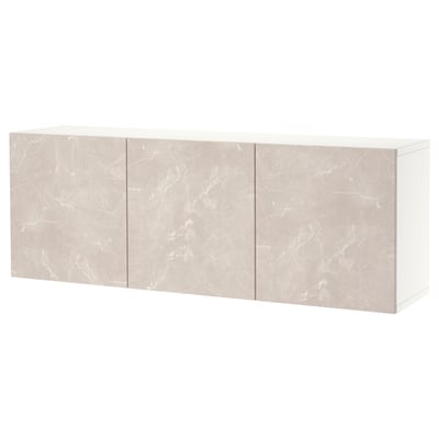 Ikea BESTÅ wall-mounted storage in beige marble effect with three doors.
