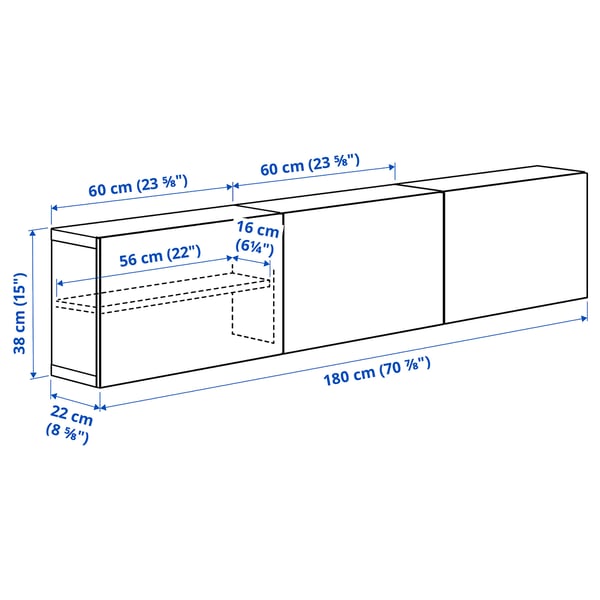 BESTÅ Wall-mounted cabinet combination, white stained oak effect/Lappviken white stained oak effect, 180x22x38 cm