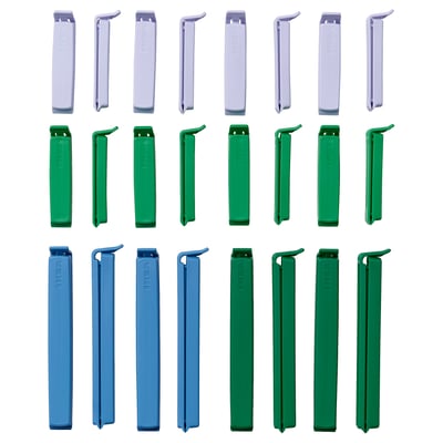 BEVARA sealing clips, assorted colours, made from 50% recycled plastic, rectangular with hooked ends.
