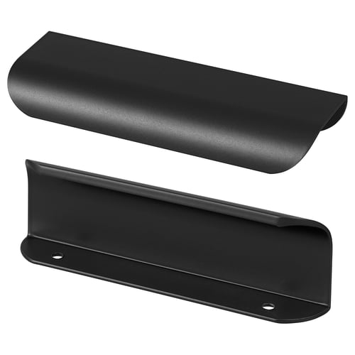 Two sleek, black, elongated, rectangular metal handles with rounded edges and minimalist design, ideal for modern decor.