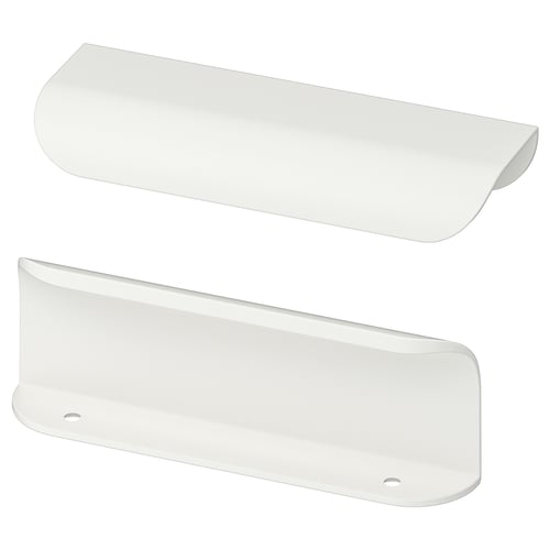 Two modern white BILLSBRO handles, sleek and minimalist, made of powder-coated aluminium. Perfect for contemporary kitchen cabinets.