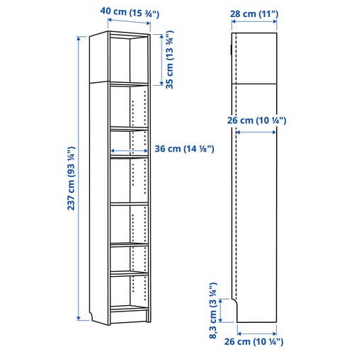 Illustration with measurements for the product: BILLY.