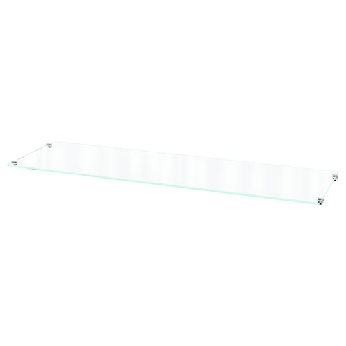 A sleek, transparent BILLY tempered glass shelf, rectangular and modern, ideal for organising and displaying items.