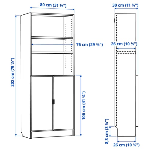 Illustration with measurements for the product: BILLY.