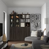 BILLY / OXBERG Bookcase comb w panel/glass doors, dark brown oak effect, 160x30x202 cm