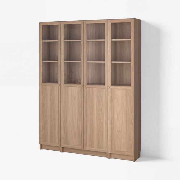 BILLY / OXBERG Bookcase comb w panel/glass doors, oak effect, 160x202 cm