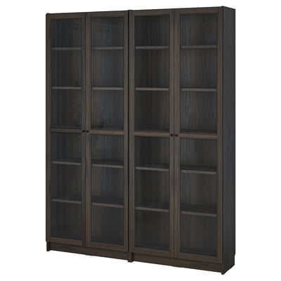 BILLY / OXBERG Bookcase combination w glass doors, dark brown oak effect, 160x202 cm