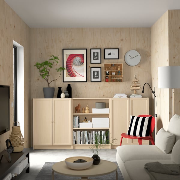 BILLY / OXBERG Bookcase combination with doors, birch effect, 240x30x106 cm