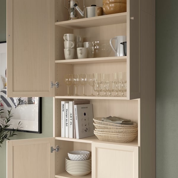 BILLY / OXBERG Bookcase w doors/extension unit, birch effect, 80x30x237 cm