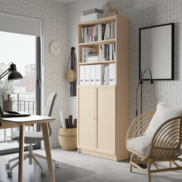 BILLY / OXBERG Bookcase with doors, birch effect, 80x30x202 cm