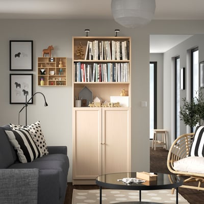 BILLY / OXBERG Bookcase with doors, birch effect, 80x30x202 cm