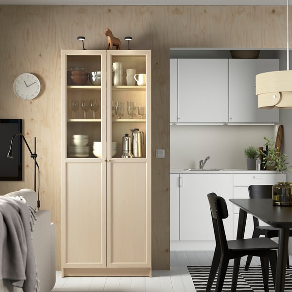 BILLY / OXBERG Bookcase with panel/glass doors, birch effect, 80x30x202 cm
