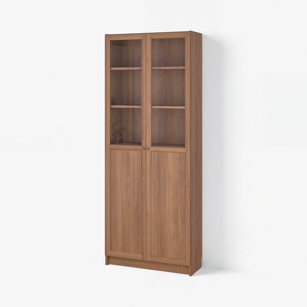 BILLY / OXBERG Bookcase with panel/glass doors, brown walnut effect, 80x30x202 cm