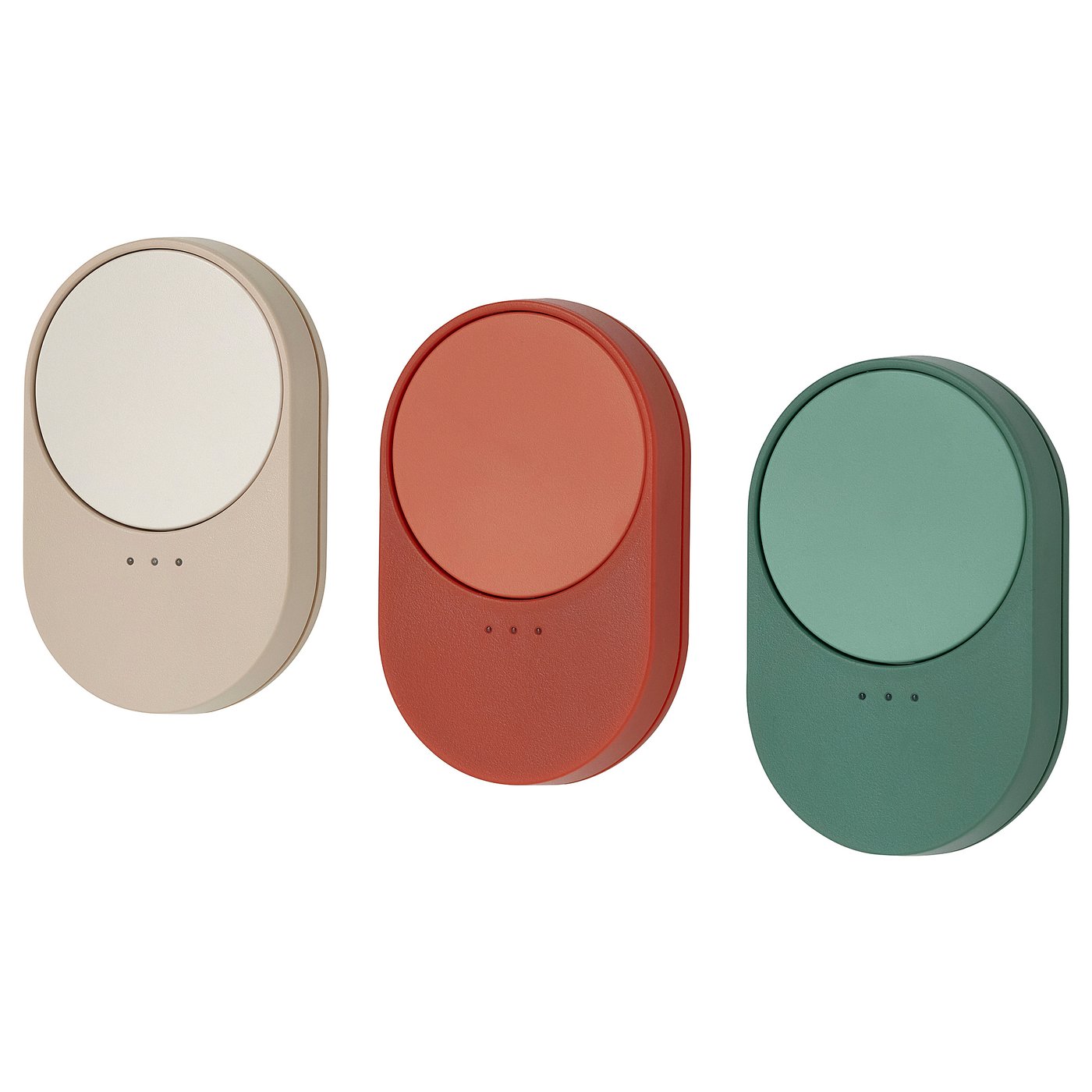 Three oval-shaped remotes: beige, rust red, and teal green, made of plastic for controlling smart home devices.