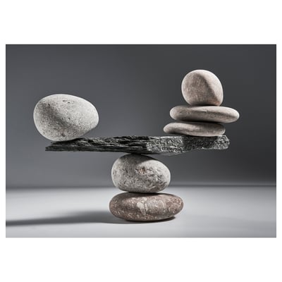 BJÖRKSTA photo canvas, grey, with stacked stones on a narrow black slate, minimalist, nature-inspired design.