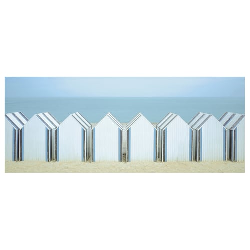 BJÖRKSTA canvas, white, rectangular, minimalist beach huts line.
