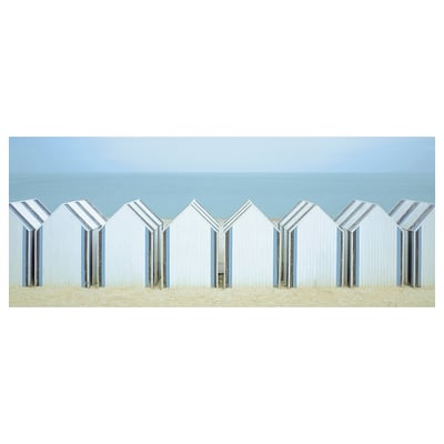 BJÖRKSTA canvas, white, rectangular, minimalist beach huts line.