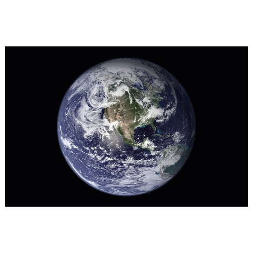 BJÖRKSTA canvas, black border, round earth image, blue ocean, green continents, polypropylene material.