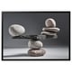 Balanced rock formation photo in black & white, minimalist design.