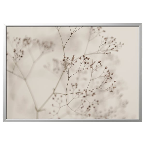 BJÖRKSTA picture: brownish tones, floral branches, large rectangle, framed in silver aluminium.