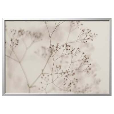 BJÖRKSTA picture: brownish tones, floral branches, large rectangle, framed in silver aluminium.