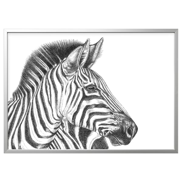 BJÖRKSTA zebra head art: black-white striped zebra, detailed, framed in silver, hanging wall decor.