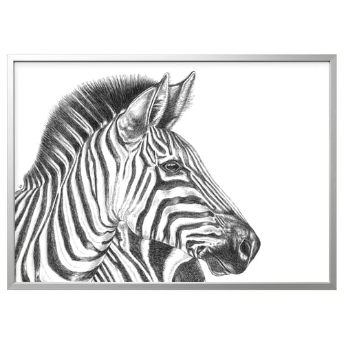 BJÖRKSTA zebra head art: black-white striped zebra, detailed, framed in silver, hanging wall decor.